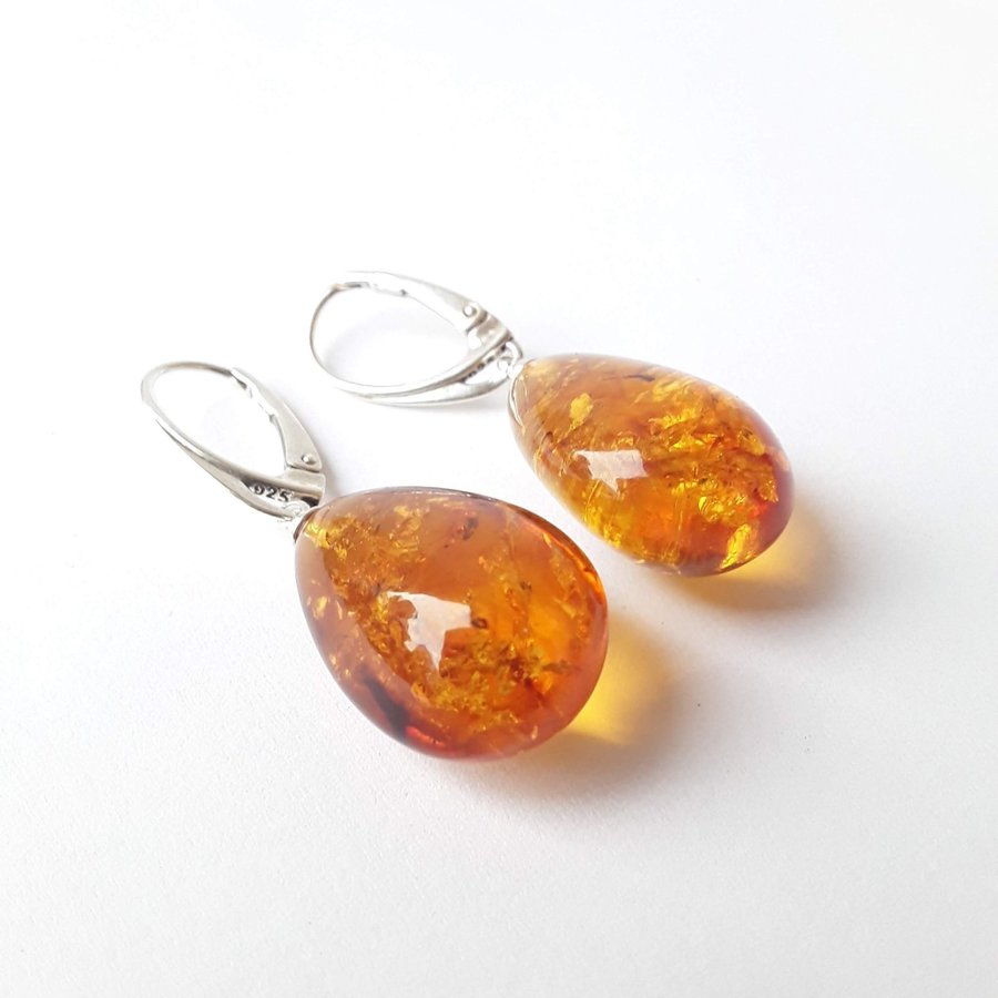 Baltic amber gemstone and 925 sterling silver teardrop long dangle cute earrings