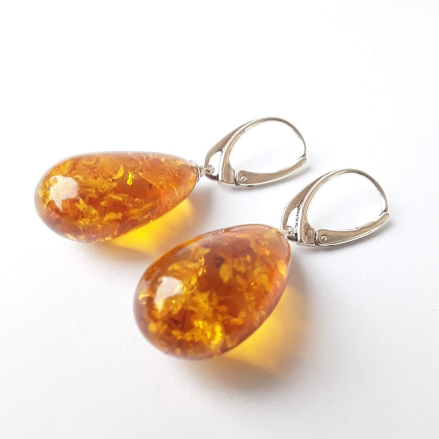 Baltic amber gemstone and 925 sterling silver teardrop long dangle cute earrings