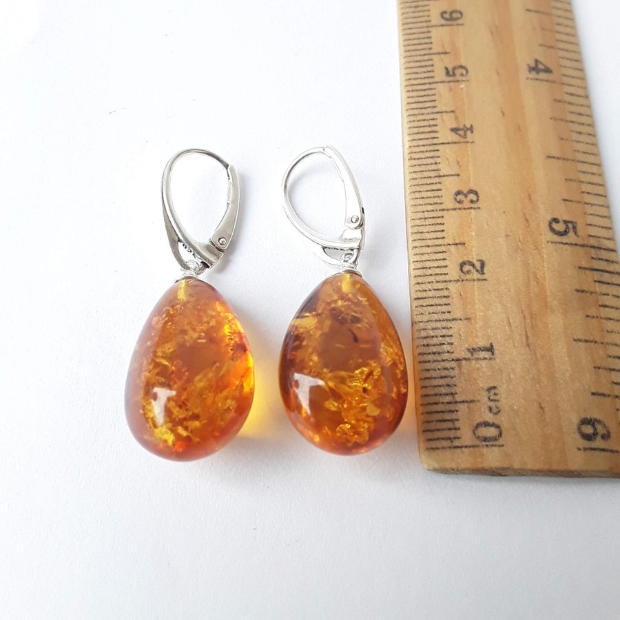 Baltic amber gemstone and 925 sterling silver teardrop long dangle cute earrings