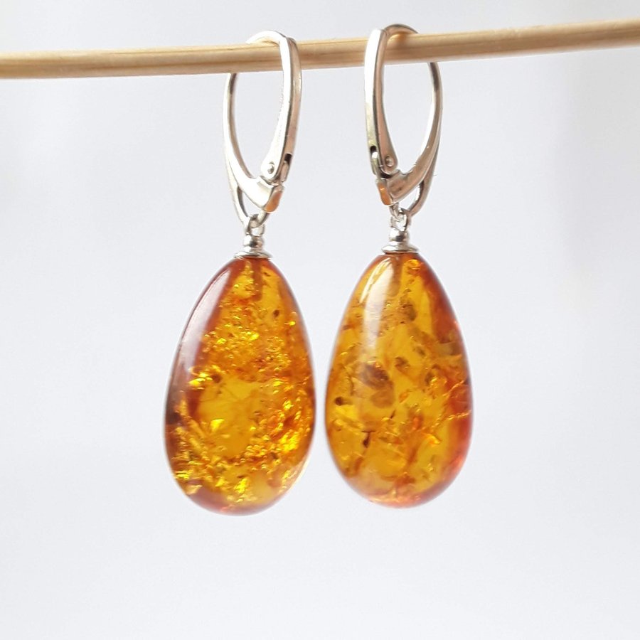 Baltic amber gemstone and 925 sterling silver teardrop long dangle cute earrings