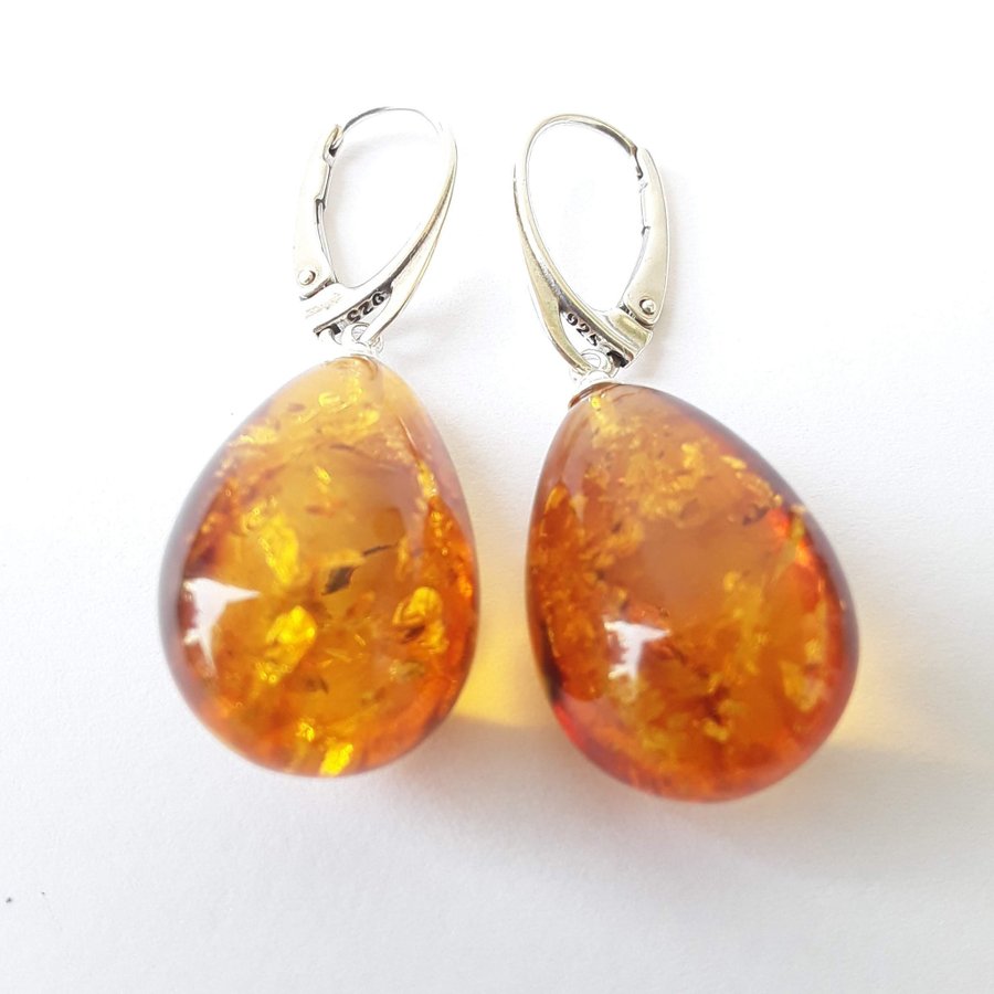 Baltic amber gemstone and 925 sterling silver teardrop long dangle cute earrings