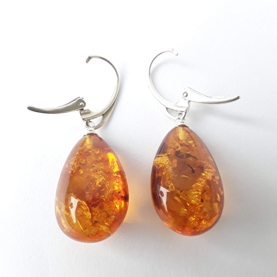 Baltic amber gemstone and 925 sterling silver teardrop long dangle cute earrings