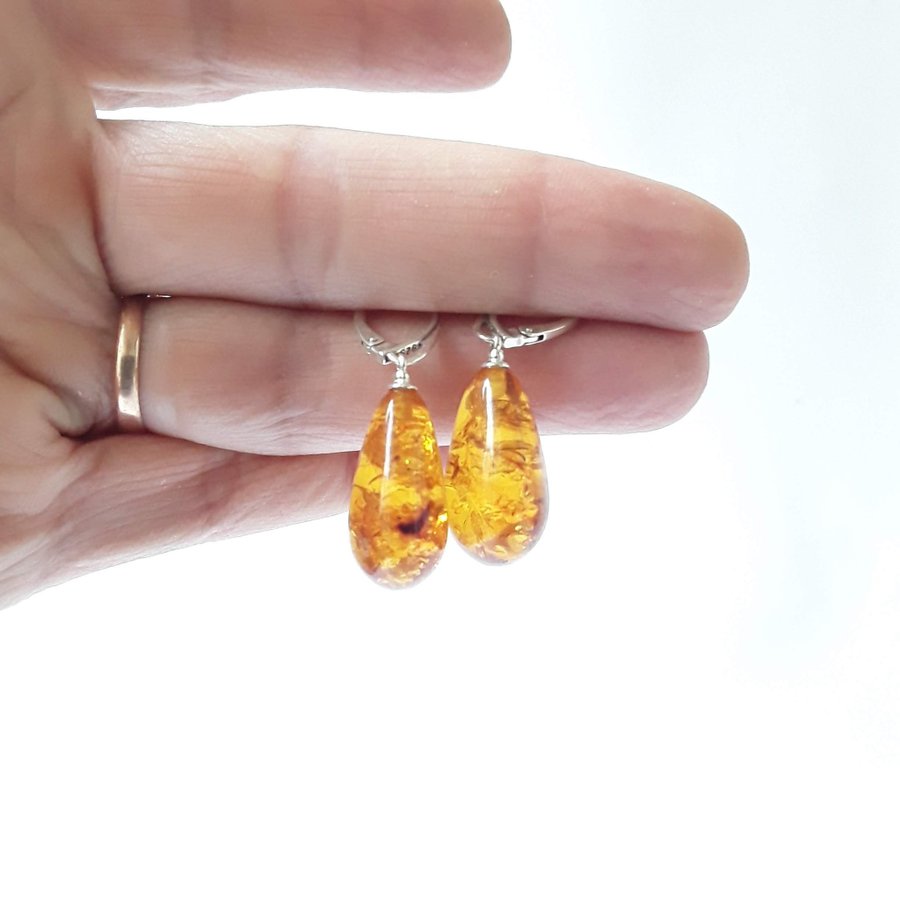 Baltic amber gemstone and 925 sterling silver teardrop long dangle cute earrings