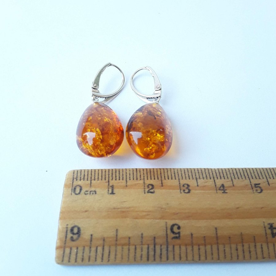 Baltic amber gemstone and 925 sterling silver teardrop long dangle cute earrings