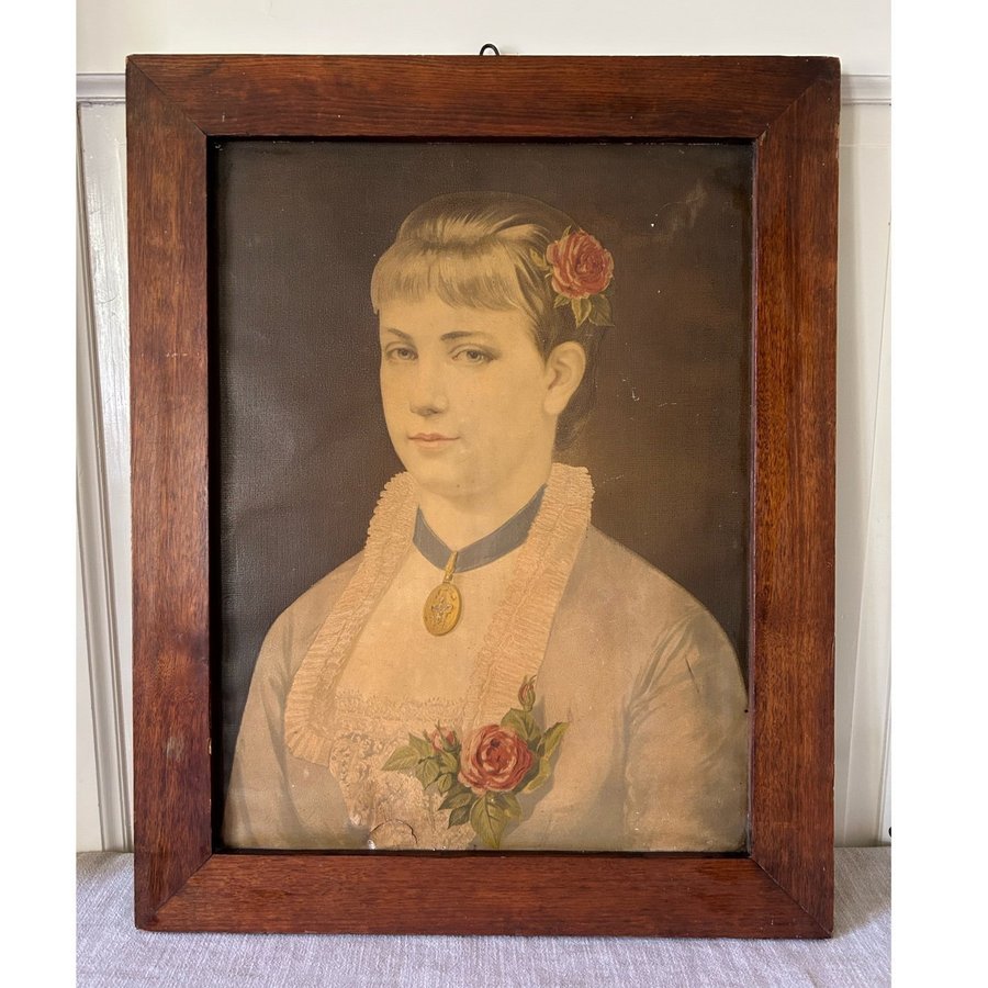 Antik Tavla Porträtt Kvinna Oljetryck Oljemålning 61x48cm Vintage
