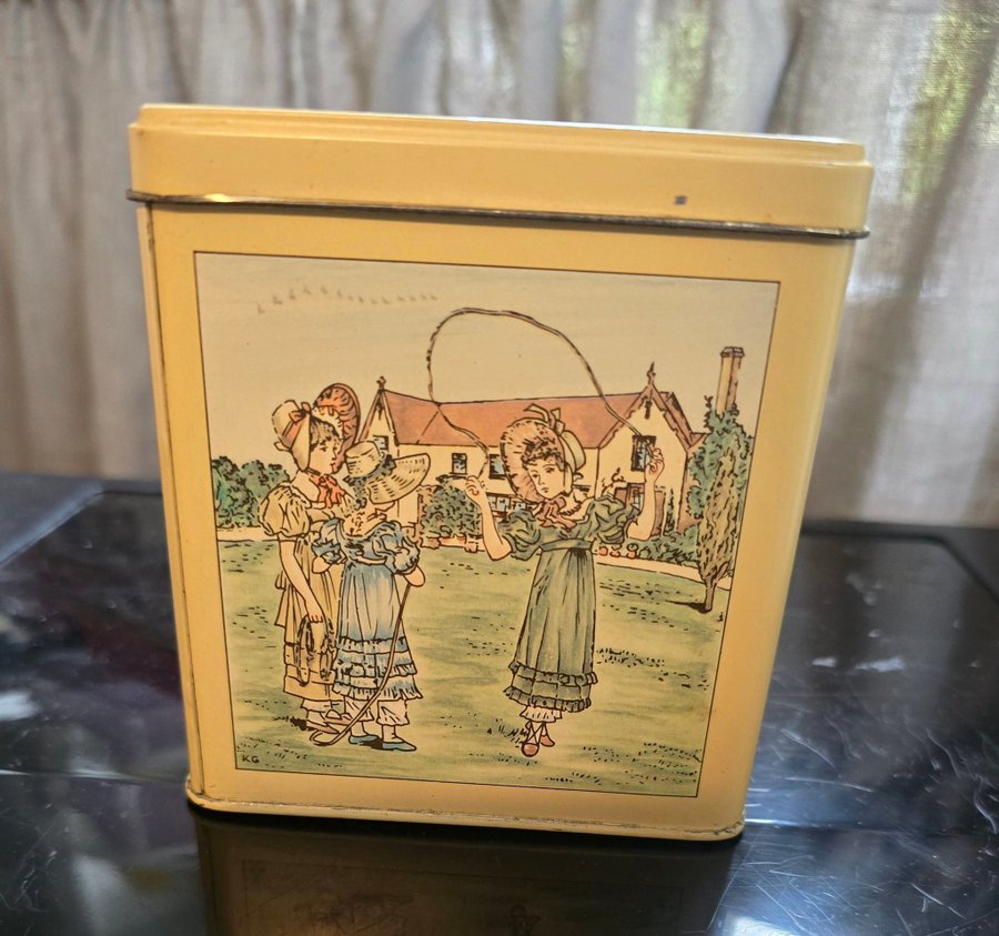 Vintage plåtburk med motiv lekande barn Kate Greenaway collection