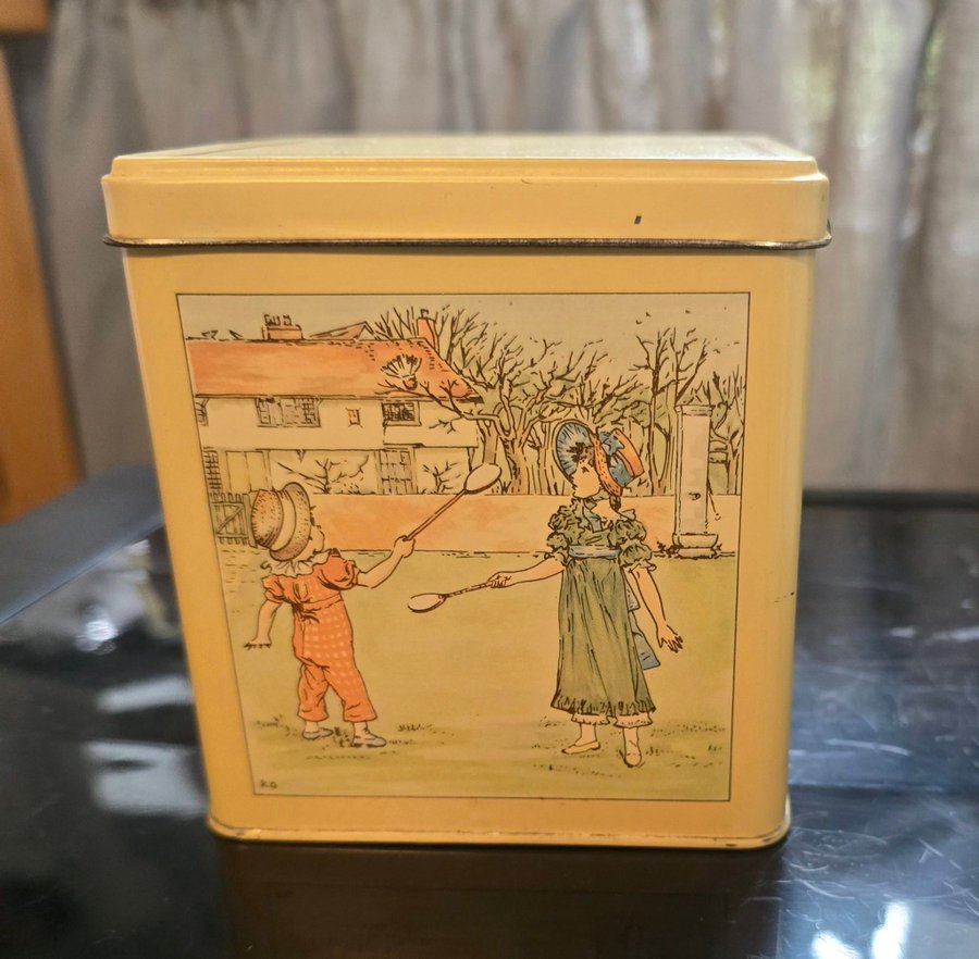 Vintage plåtburk med motiv lekande barn Kate Greenaway collection