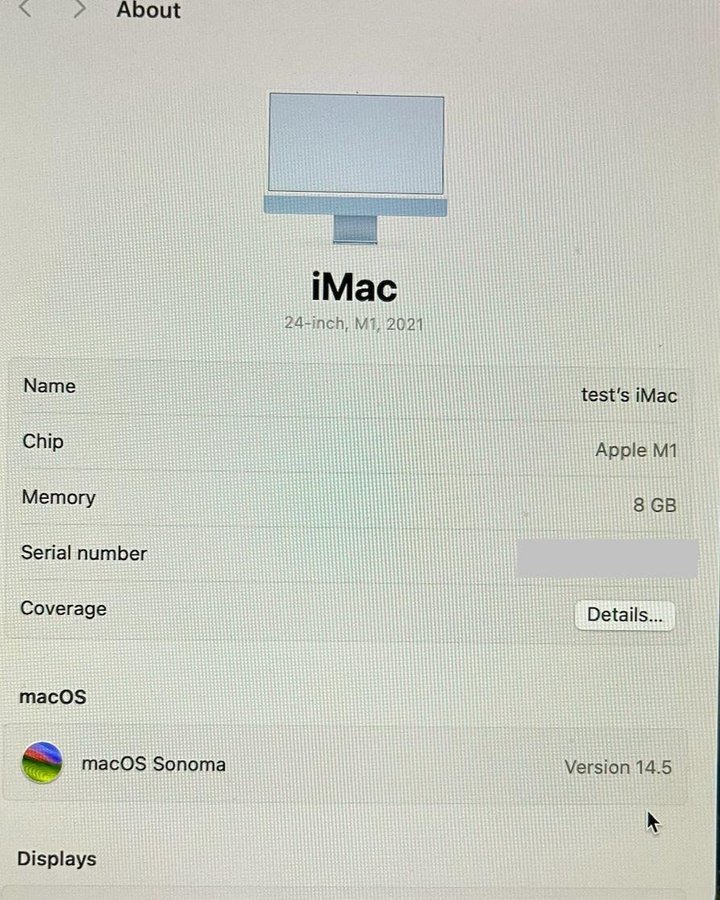 M1 iMac 2021 24 inch 8GB RAM 256GB SSD