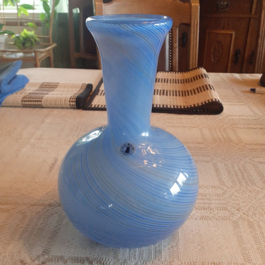 Hand made blå glasvas randig glasvas turkos ljusblå vas glas