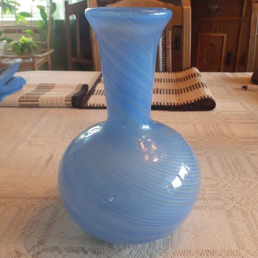 Hand made blå glasvas randig glasvas turkos ljusblå vas glas