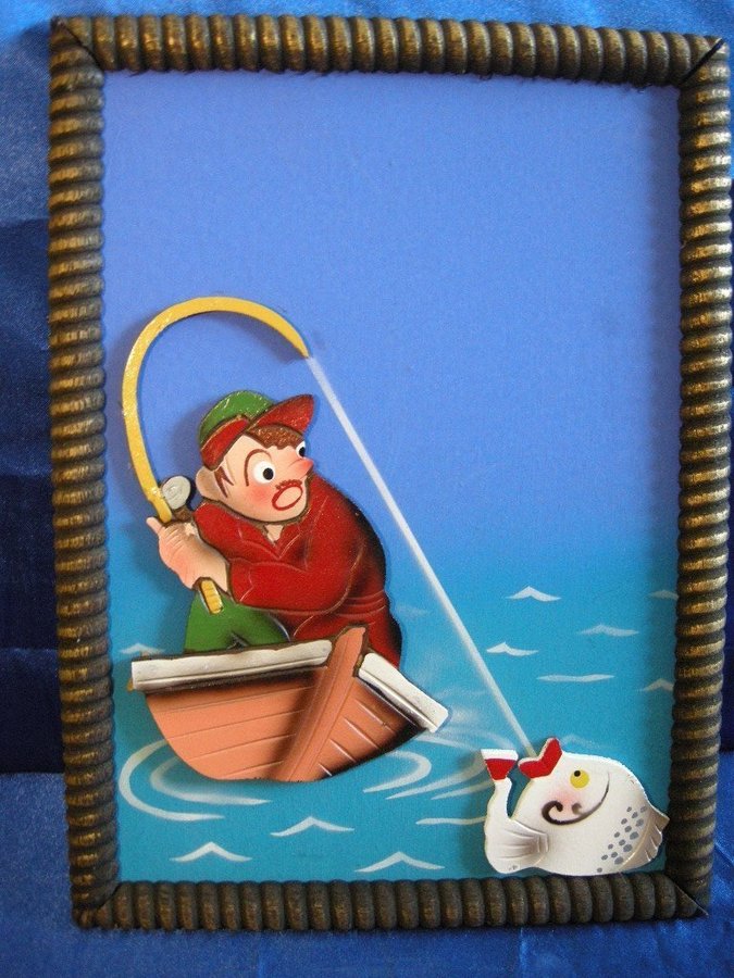 Fiskare med napp! Tavla från 60-talet Sportfiske båt fisk rulle **Oanvänd**