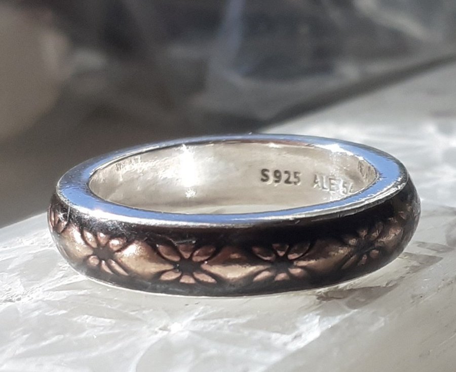 SILVERRING m emalj / Pandora / rosa och svart dekor / strlk 54 = 17 / vintage