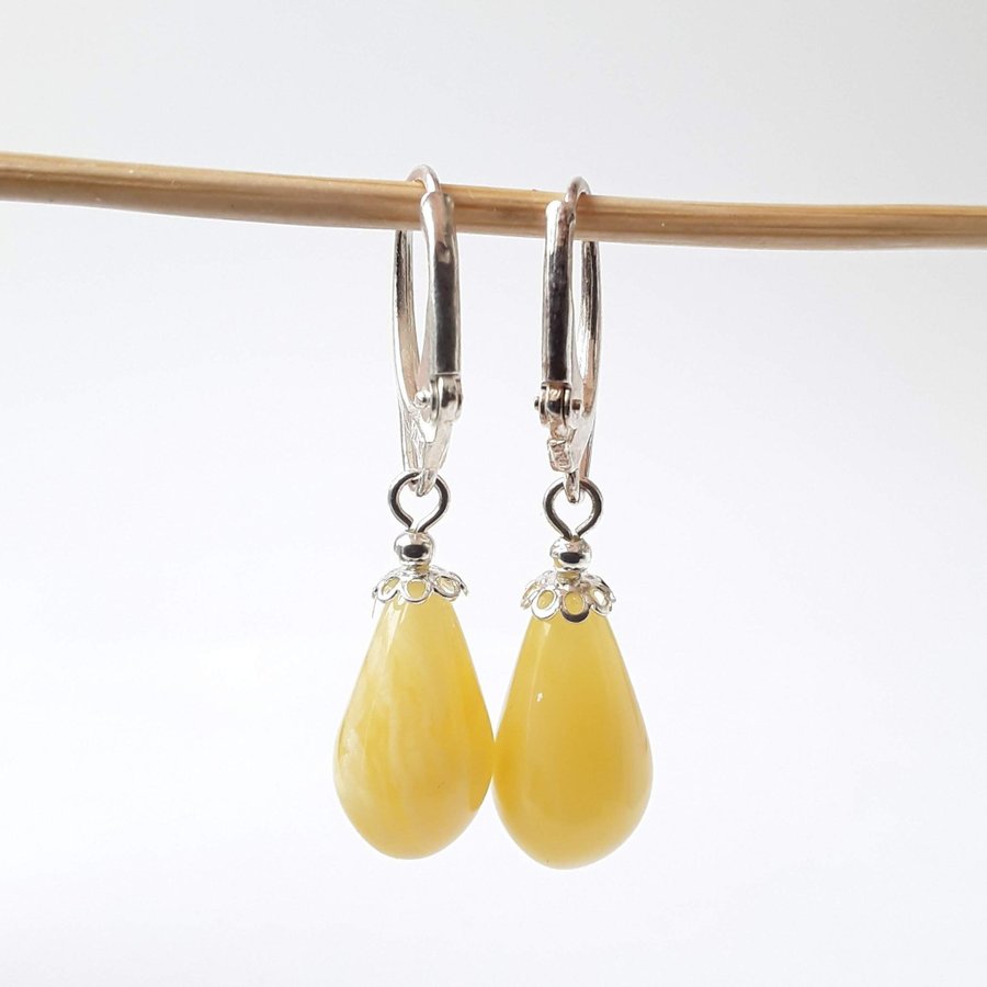 White Baltic amber gemstone dangle drop earrings Hanging gem leverback earrings