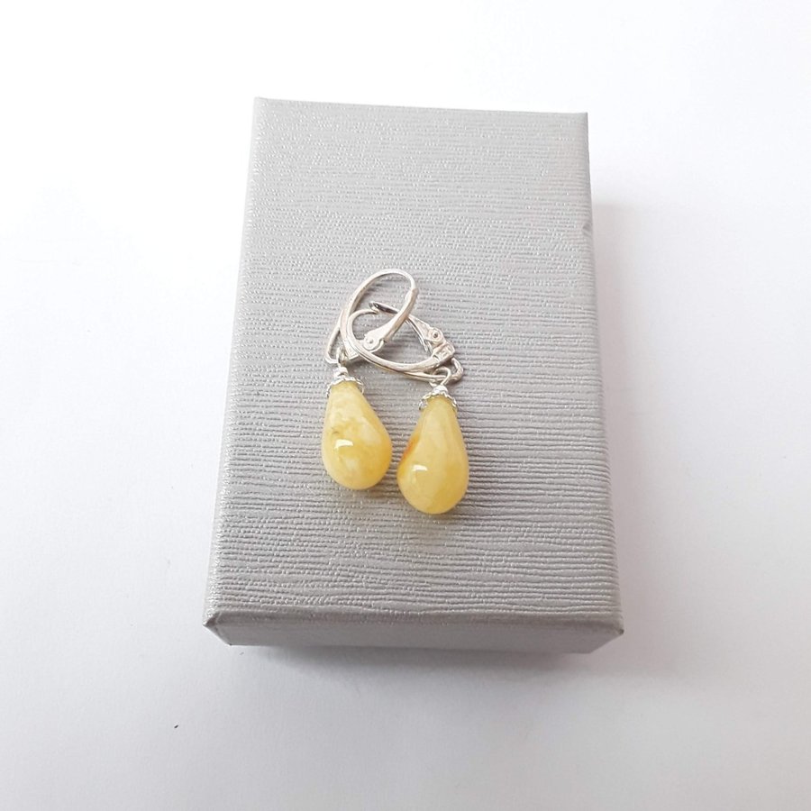 White Baltic amber gemstone dangle drop earrings Hanging gem leverback earrings