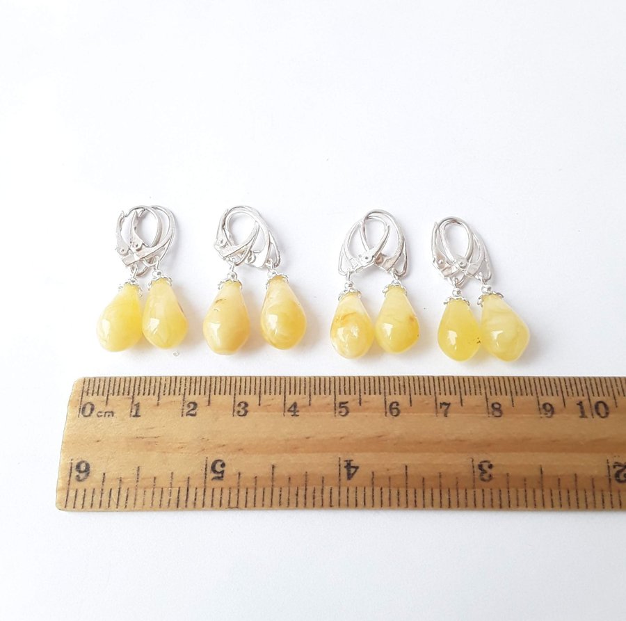 White Baltic amber gemstone dangle drop earrings Hanging gem leverback earrings