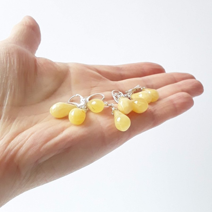White Baltic amber gemstone dangle drop earrings Hanging gem leverback earrings