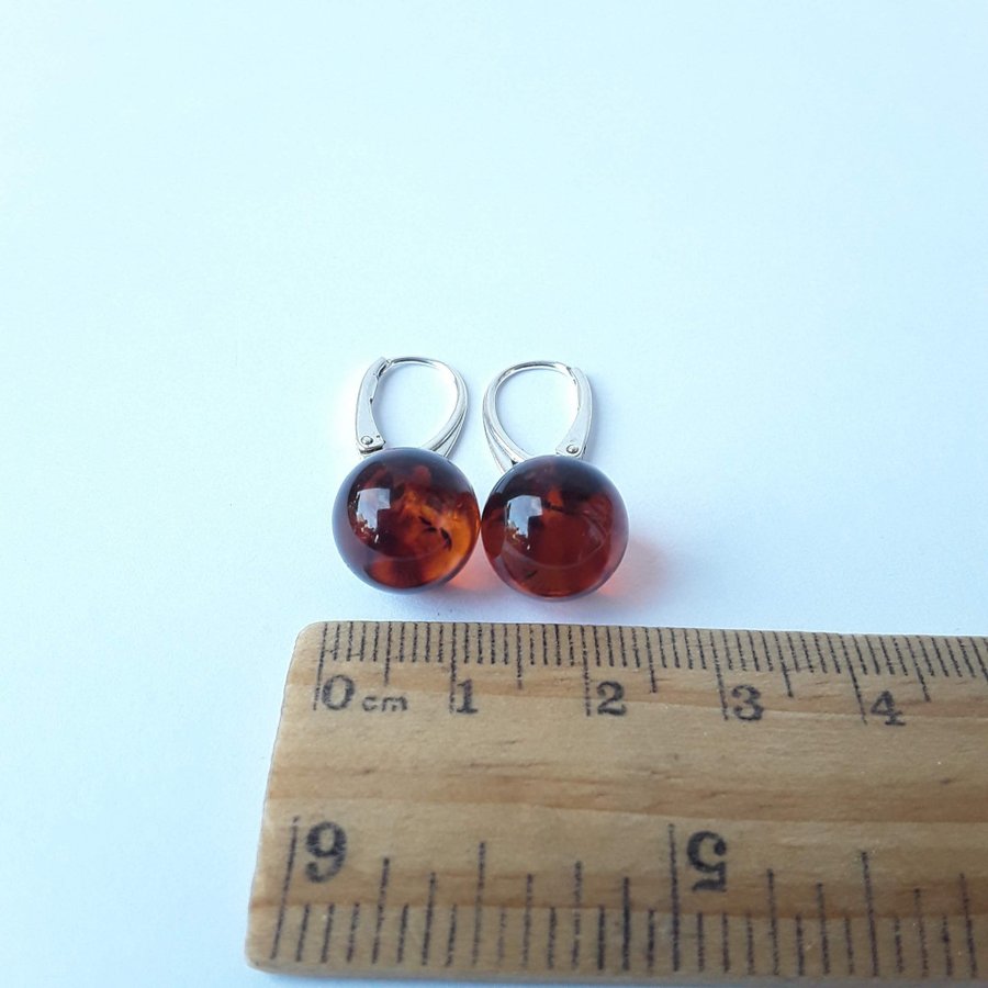 Baltic amber and 925 sterling silver dangle earrings Brown amber gemstone ball