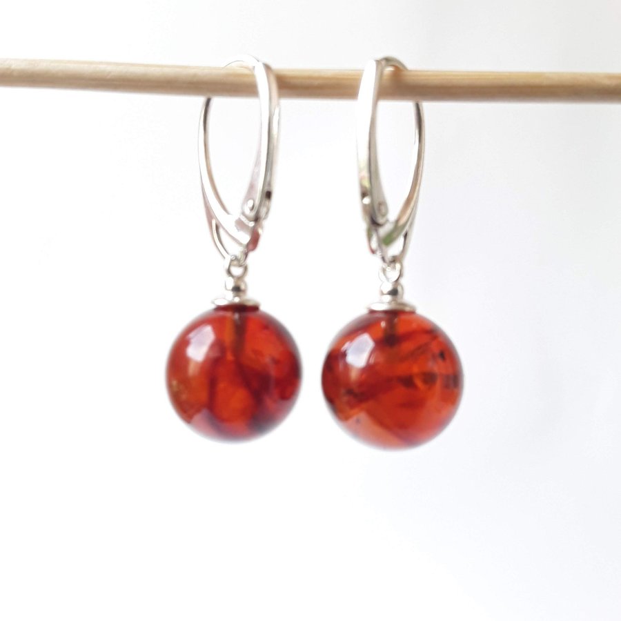 Baltic amber and 925 sterling silver dangle earrings Brown amber gemstone ball