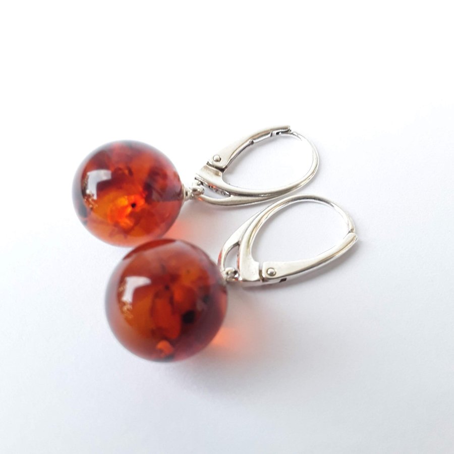 Baltic amber and 925 sterling silver dangle earrings Brown amber gemstone ball