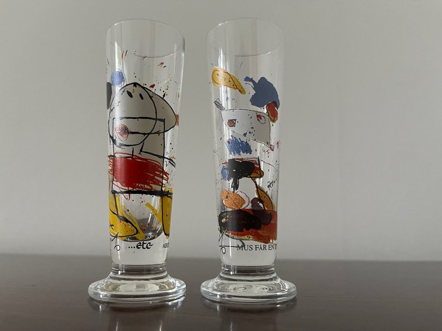 LASSE ÅBERG KONST GLAS SNAPSGLAS SPRITGLAS MUS FÅR EN IDÉ ABSTRAKT MUS 2 ST