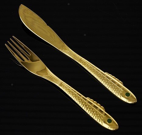 2 Nobel Gense Yamazaki fiskbestick 1 Fiskgaffel + 1 Fiskkniv guld