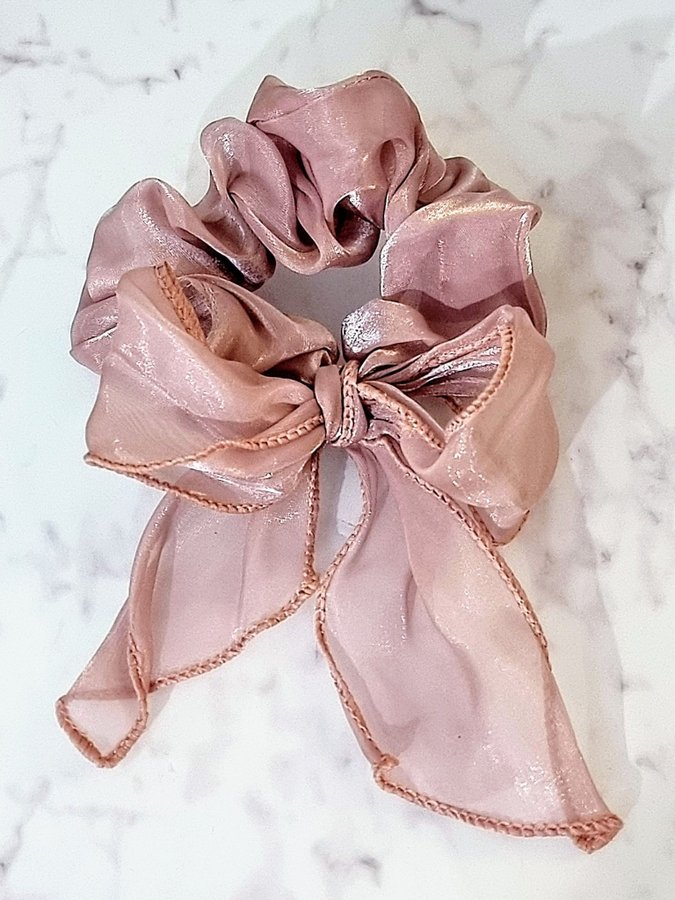 Jättefin rosa siden / satin hårsnodd / scrunchie med rosett / långt band Helt Ny