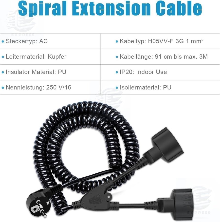 NYTT Spiralförlängning med 2 Schuko-socklar • 3M •utdragbar 09 m till 3 m