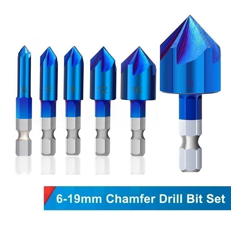 5 Flutes Chamfer Drill Bit Set 6pcs HSS Chamfering Cutter Nano Blue Coated