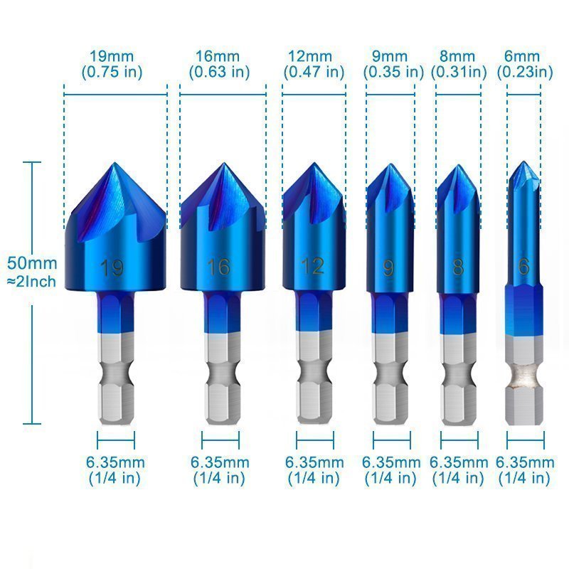 5 Flutes Chamfer Drill Bit Set 6pcs HSS Chamfering Cutter Nano Blue Coated