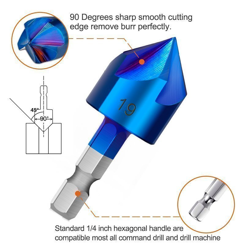 5 Flutes Chamfer Drill Bit Set 6pcs HSS Chamfering Cutter Nano Blue Coated