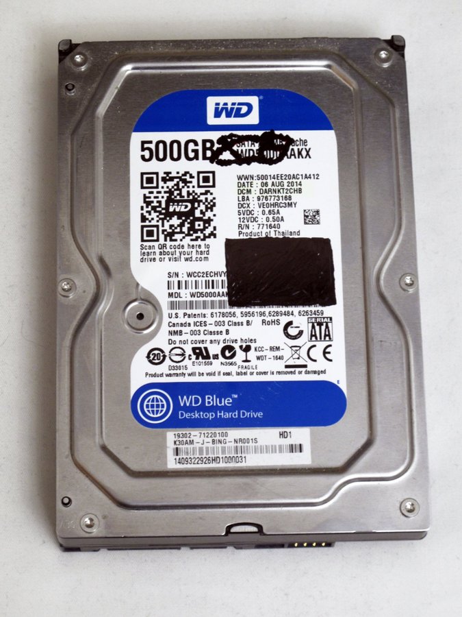 DEFEKT Hårddisk Western Digital WD Blue Hard Drive 500 GB