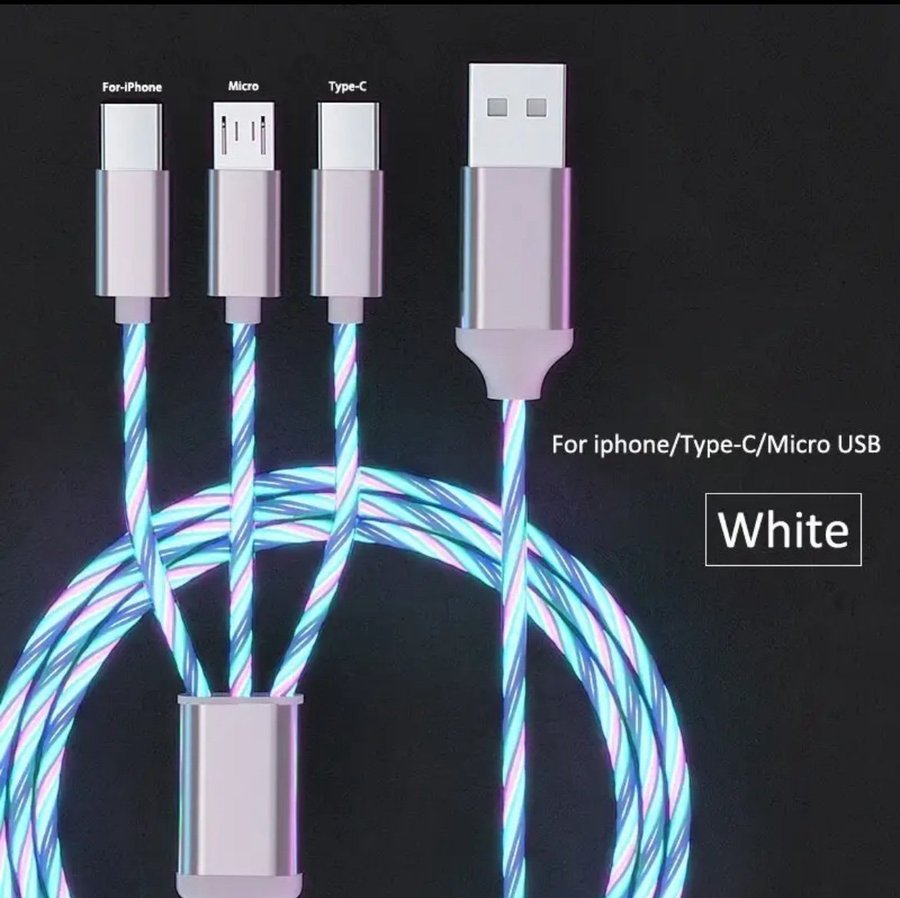 3 i 1 glödande LED-ljus 3A Micro USB Typ C-kabel för iPhone Samsung Xiaomi Redmi