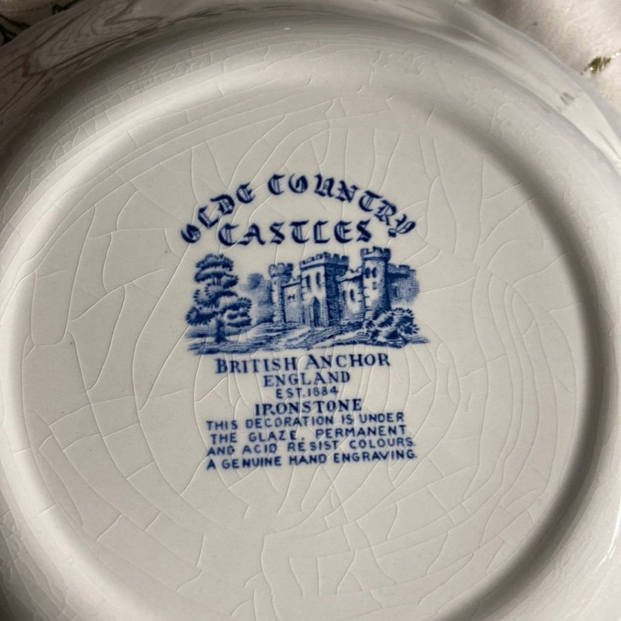 Vintage British Anchor Blue  White Ironstone Plate Olde Country Castles