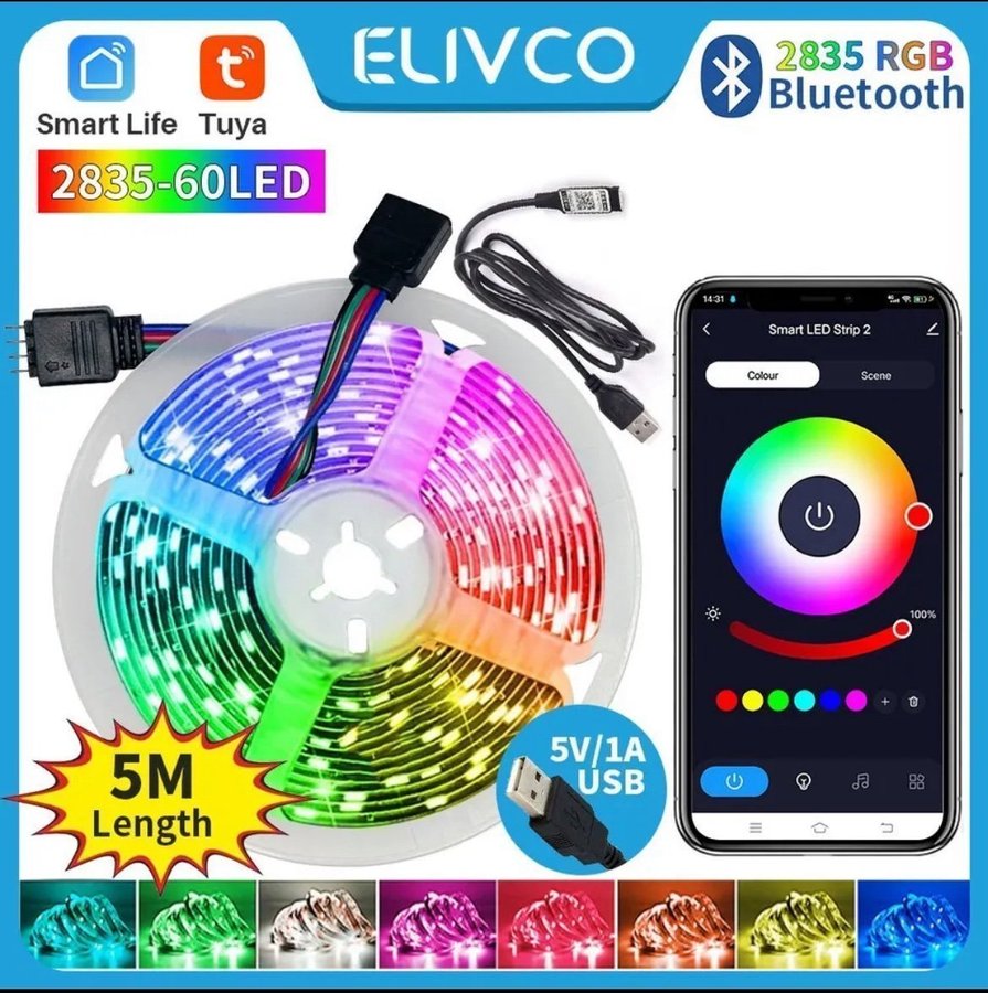 5 m Bluetooth Led Strip Lights RGB USB Smart Life App Styrd