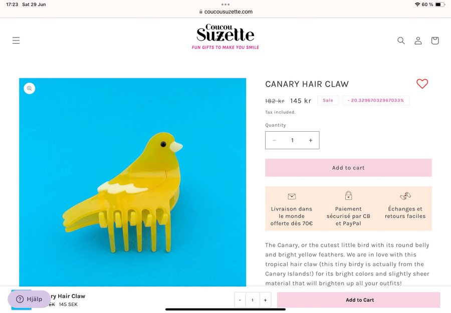 Ny Fransk Coucousuzette Hair Claw ”Canary” Hårklamma Hårklo
