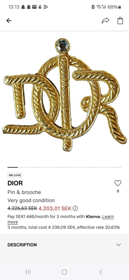 Brosch Dior med stämpel på baksidan