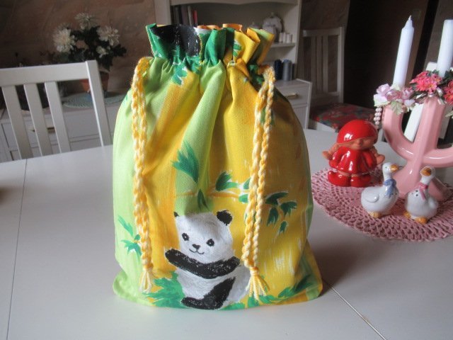 Panda gul Snoddpåse i tyg fodrad inuti förvaringspåse påse kasse