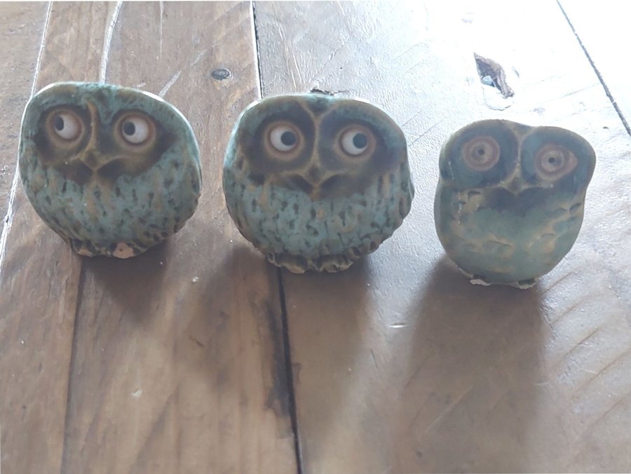 3 söta keramik figuriner familj Uggla retro