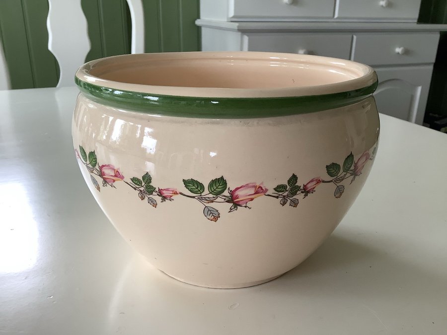 YTTERFODER / BLOMKRUKA dekor rosor Äldre glaserat stengods Retro/Vintage kruka