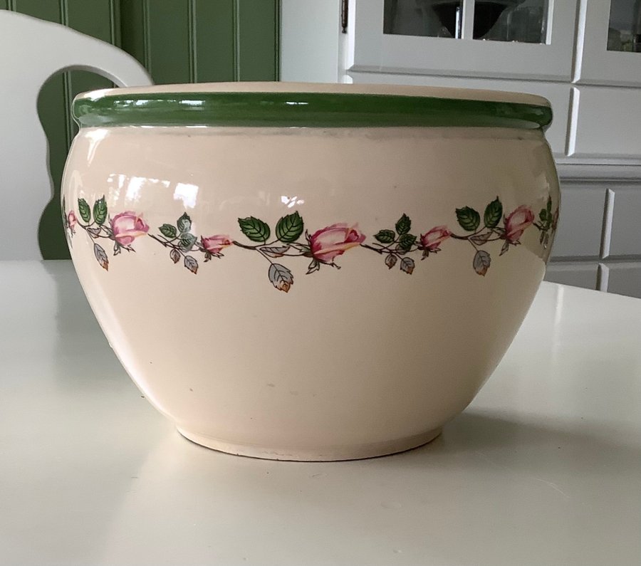 YTTERFODER / BLOMKRUKA dekor rosor Äldre glaserat stengods Retro/Vintage kruka