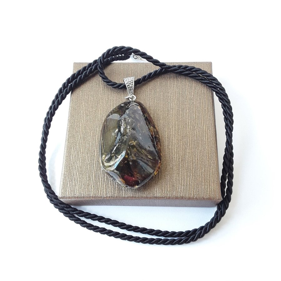 Baltic amber pendant necklace Black gemstone pendant on black long cord women