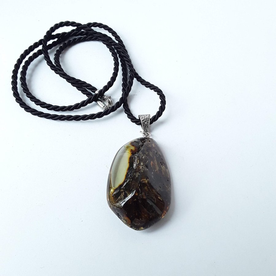Baltic amber pendant necklace Black gemstone pendant on black long cord women