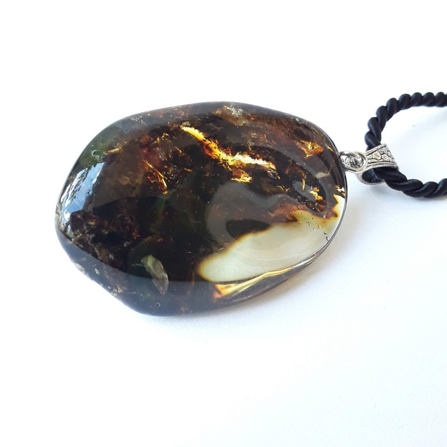 Baltic amber pendant necklace Black gemstone pendant on black long cord women