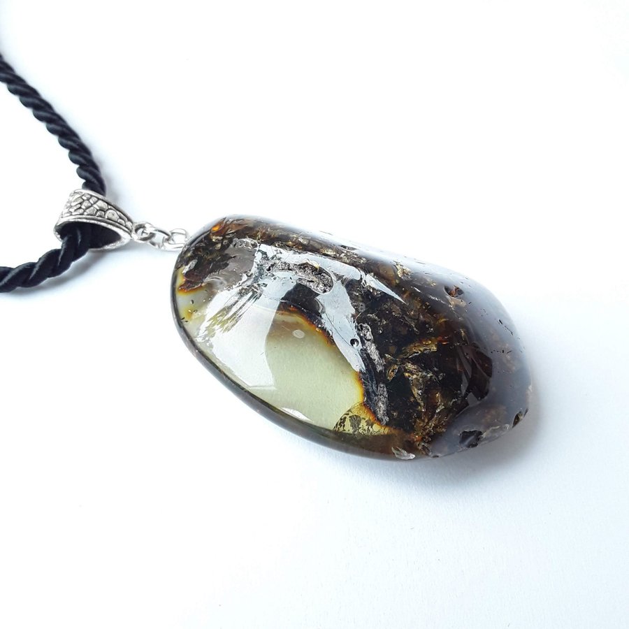 Baltic amber pendant necklace Black gemstone pendant on black long cord women