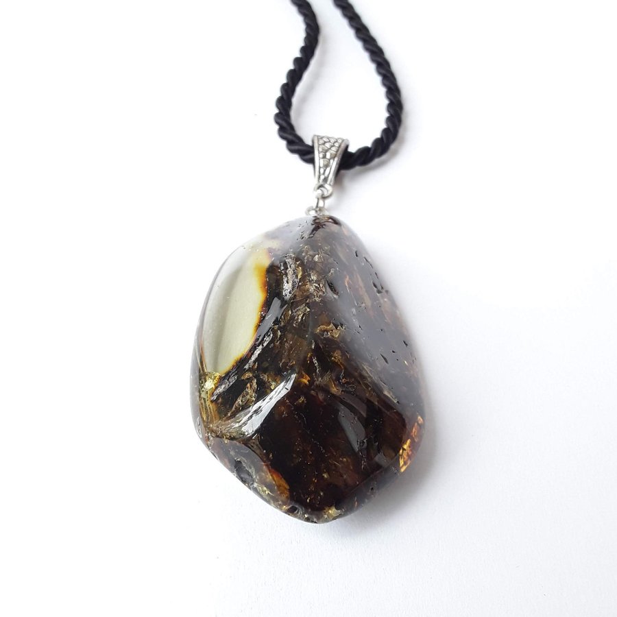 Baltic amber pendant necklace Black gemstone pendant on black long cord women