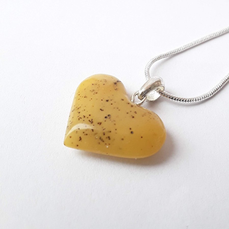 Yellow Baltic amber gemstone Heart pendant on a silver color chain Heart jewelry