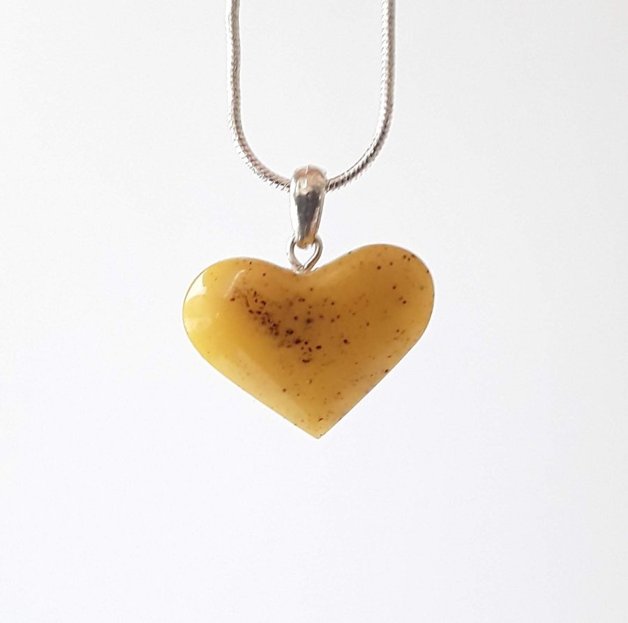 Yellow Baltic amber gemstone Heart pendant on a silver color chain Heart jewelry