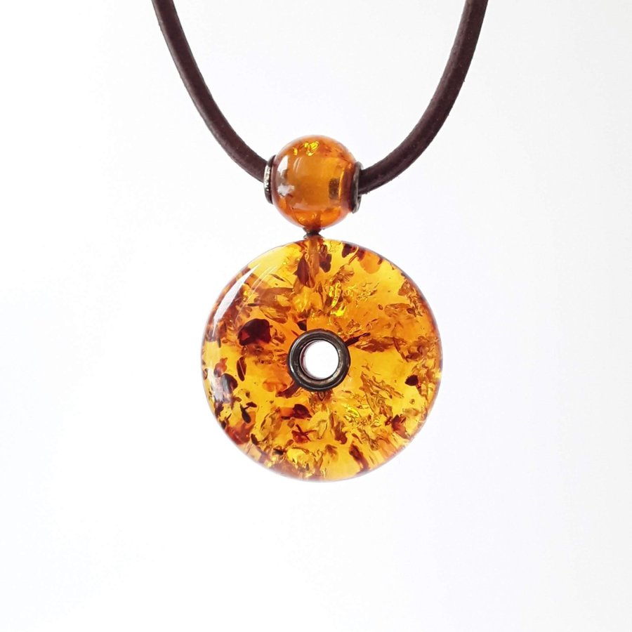 Baltic amber pendant donut gemstone round pendant amber circle on leather cord