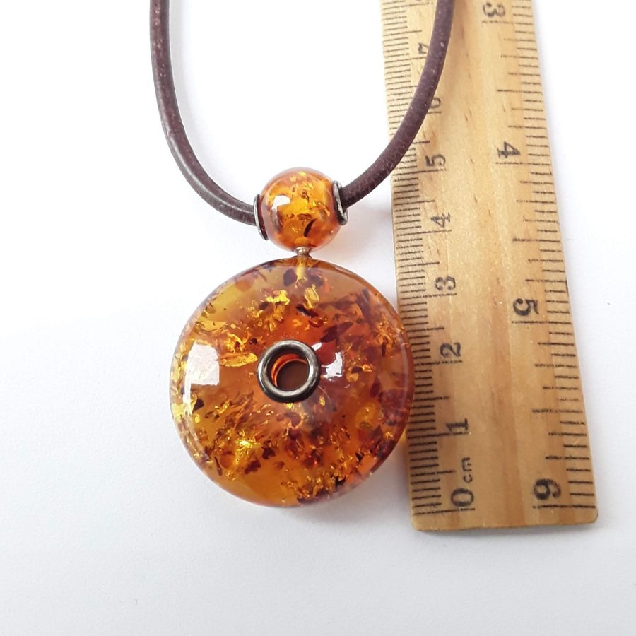 Baltic amber pendant donut gemstone round pendant amber circle on leather cord