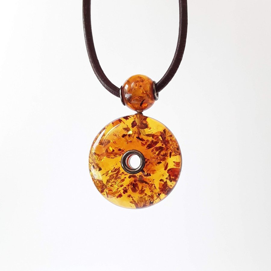 Baltic amber pendant donut gemstone round pendant amber circle on leather cord